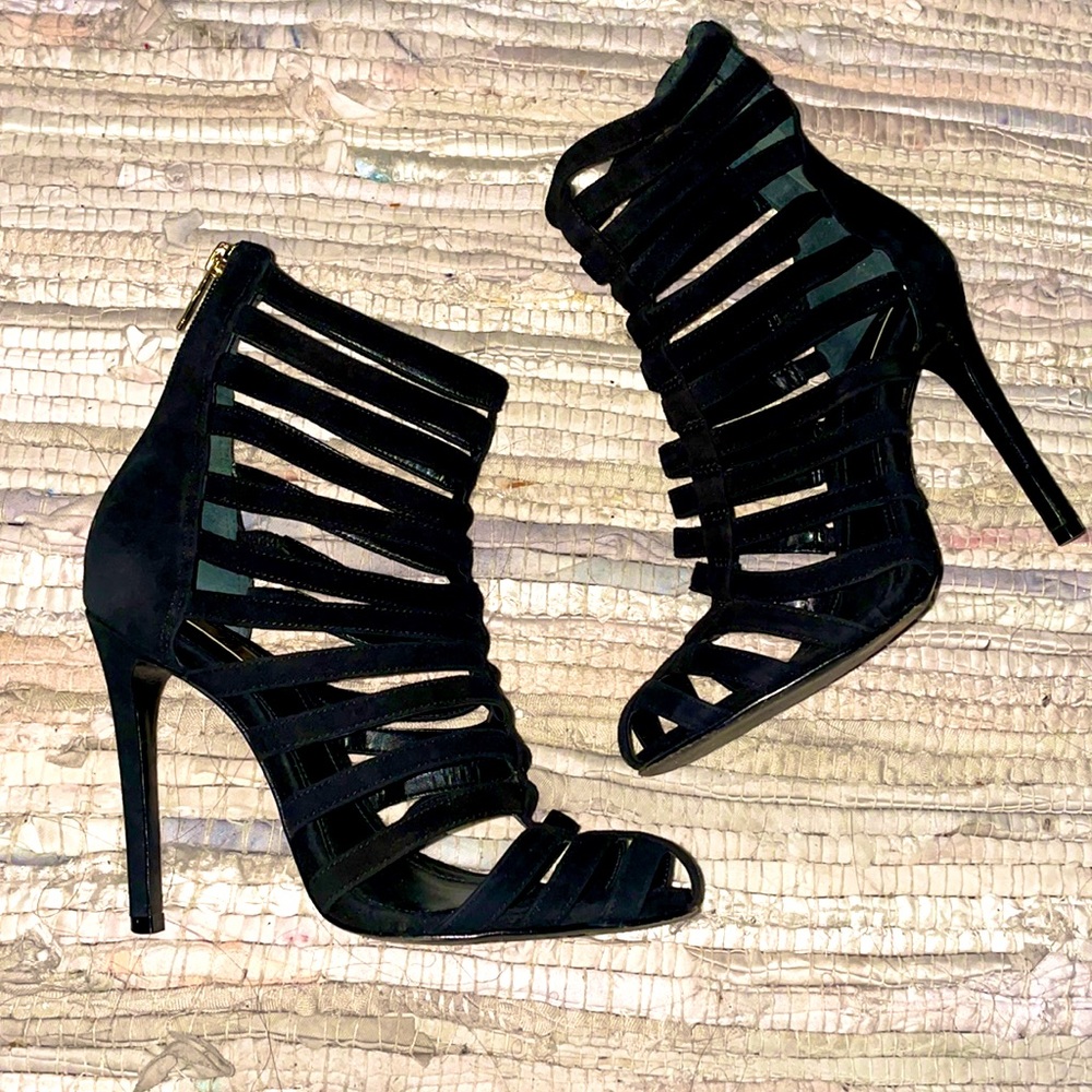 Schutz Faisa Black Suede Caged Ankle Boots Booties Size 8